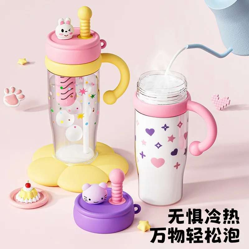 Summer New Cartoon Handle HeartCup High looks student Outdoor sport Leakproof Portable Tea Separation Plastic Straw Water Bottle