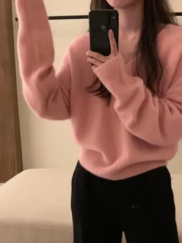 레트로 레드 브이넥 베어 퍼 니트 스웨터 여성용 봄 가을 루즈 스타일 긴팔 니트 셔츠 편안하고 부드러움