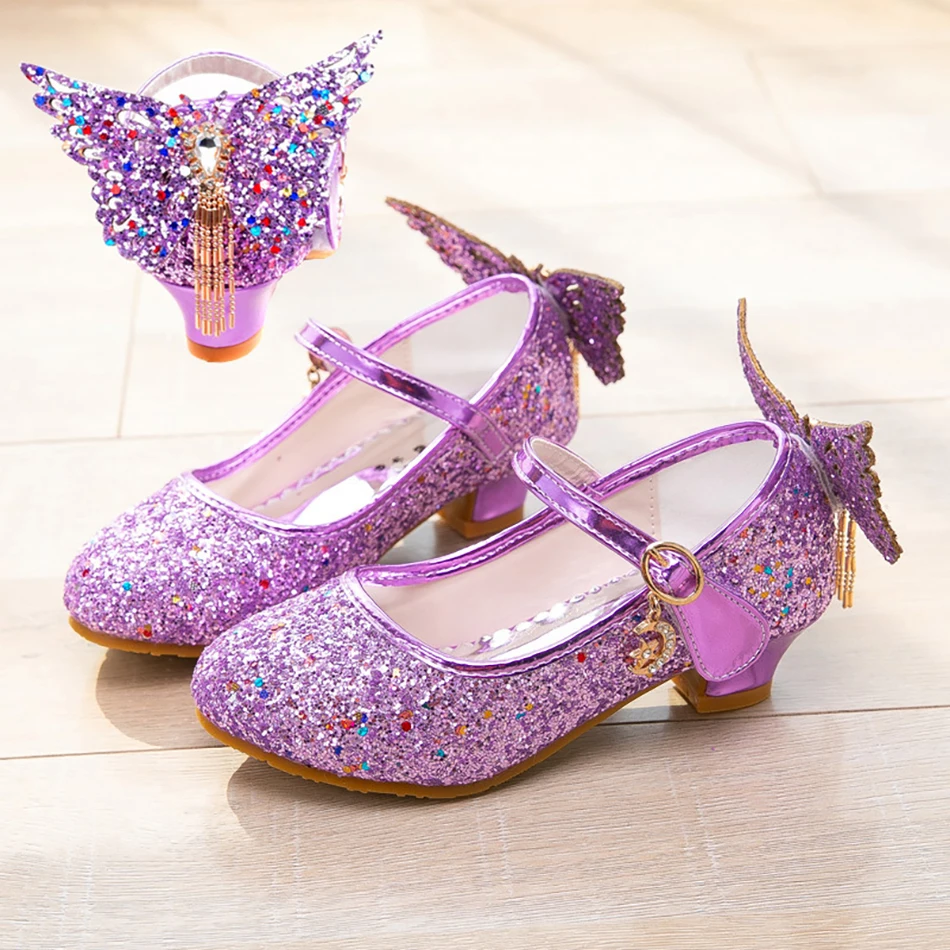 Princess Butterfly Leather Shoes Kids Diamond Bowknot High Heel Children Girl Dance Glitter Shoes Fashion Girls Party Dance Shoe