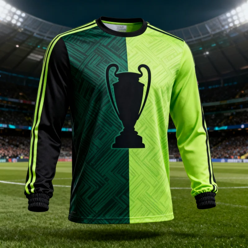 

3D Printed Motor Long - Sleeve Shirt, Featuring Green & Black Color Blocking and Iconic Trophy Design, Perfect for Football Fans