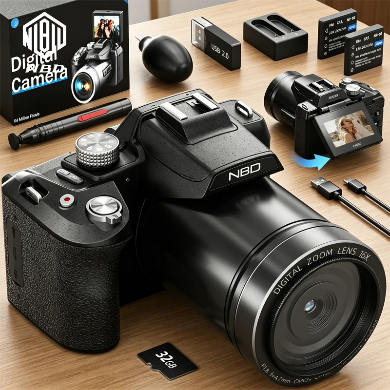 Image of 5K Digitalkamera 64MP Vlogging-Kamera mit Klappbildschirm 16-fach Zoom 1/2" CMOS Kompaktkamera für YouTube Reisefotografie NBD S205E