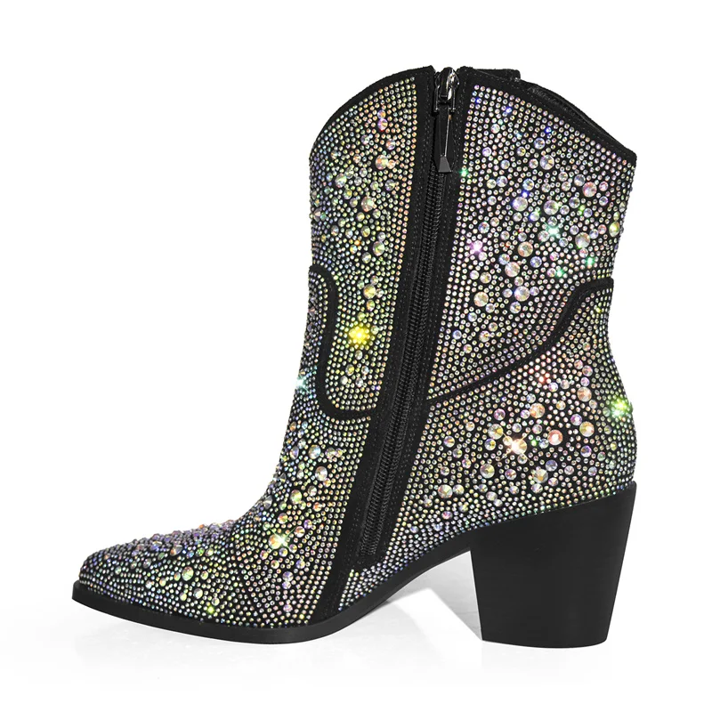 Onlymaker Women Rhinestone Pointed Toe Ankle Boots Silver  Glitter Bling Shiny  Pretty  Gorgeous Dress Cowgirl  Boots