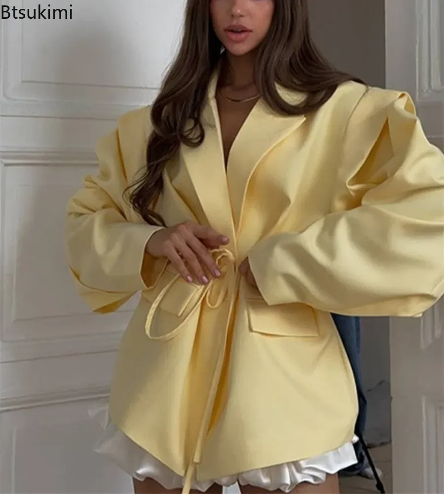 New Elegant Commute Blazer Jackets Women's Lace-Up Loose Pocket Lapel Party Looks Fashion Design Street Casual Outwear for Women