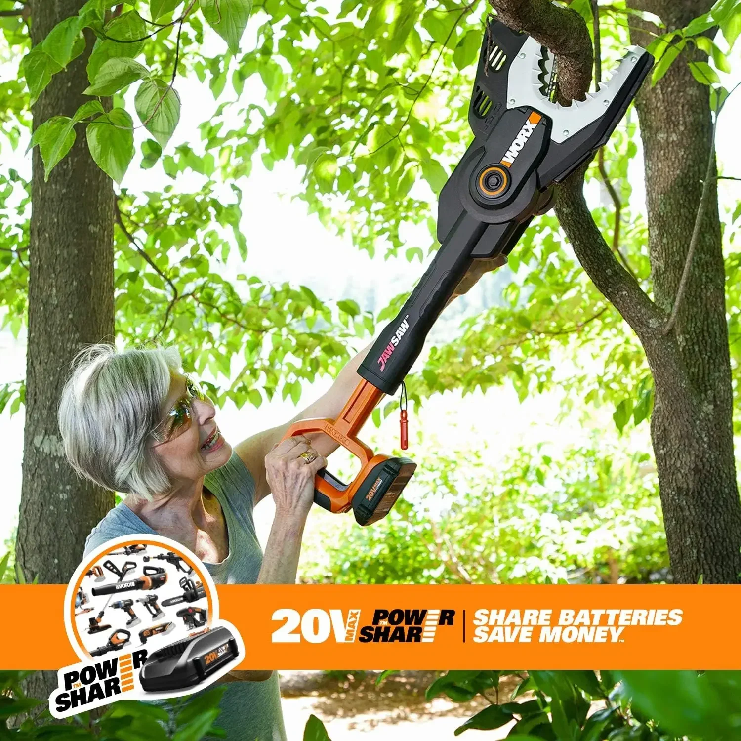 

Аккумуляторная бензопила JawSaw Power Share 20 В — WG320 (батарея и зарядное устройство в комплекте)