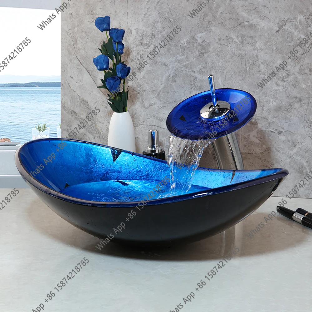 O Monite Blue Bathroom Washbasin Countertop Tempered Glass Basin Sink Faucet Set Brass Waterfall Faucet Washroom Vessel Vanity B