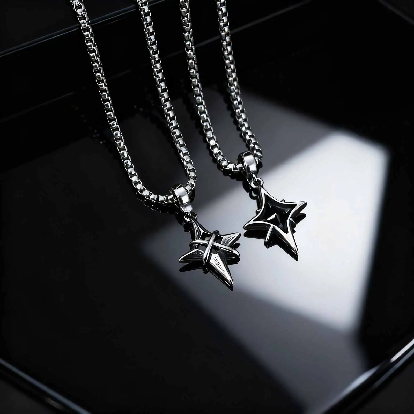 Minimalistische Mode Schwarz Zirkon Stern Kreuz Anhänger Edelstahl Halskette für Männer, Punk Hip Hop Schmuck Geschenke – Detail 6