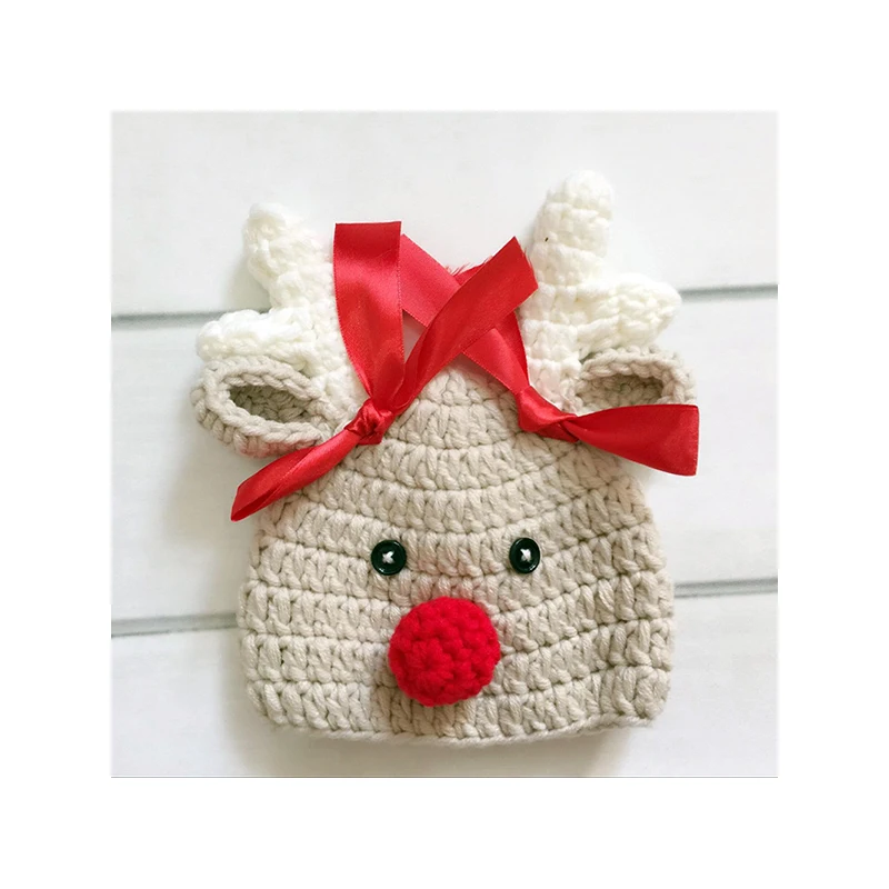 Christmas Baby Hat Adorable Reindeer Hand Crochet Beanie Newborn Boy Girl Knitting Hats Photo Props Xmas Santa Knitted Bonnet