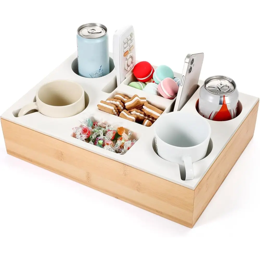 

Silicone Sofa Caddy, Waterproof Drink Holder with Bamboo Tray for Sofa, Car Seats - Holds Mugs, Snacks, Phones, Remotes (White)