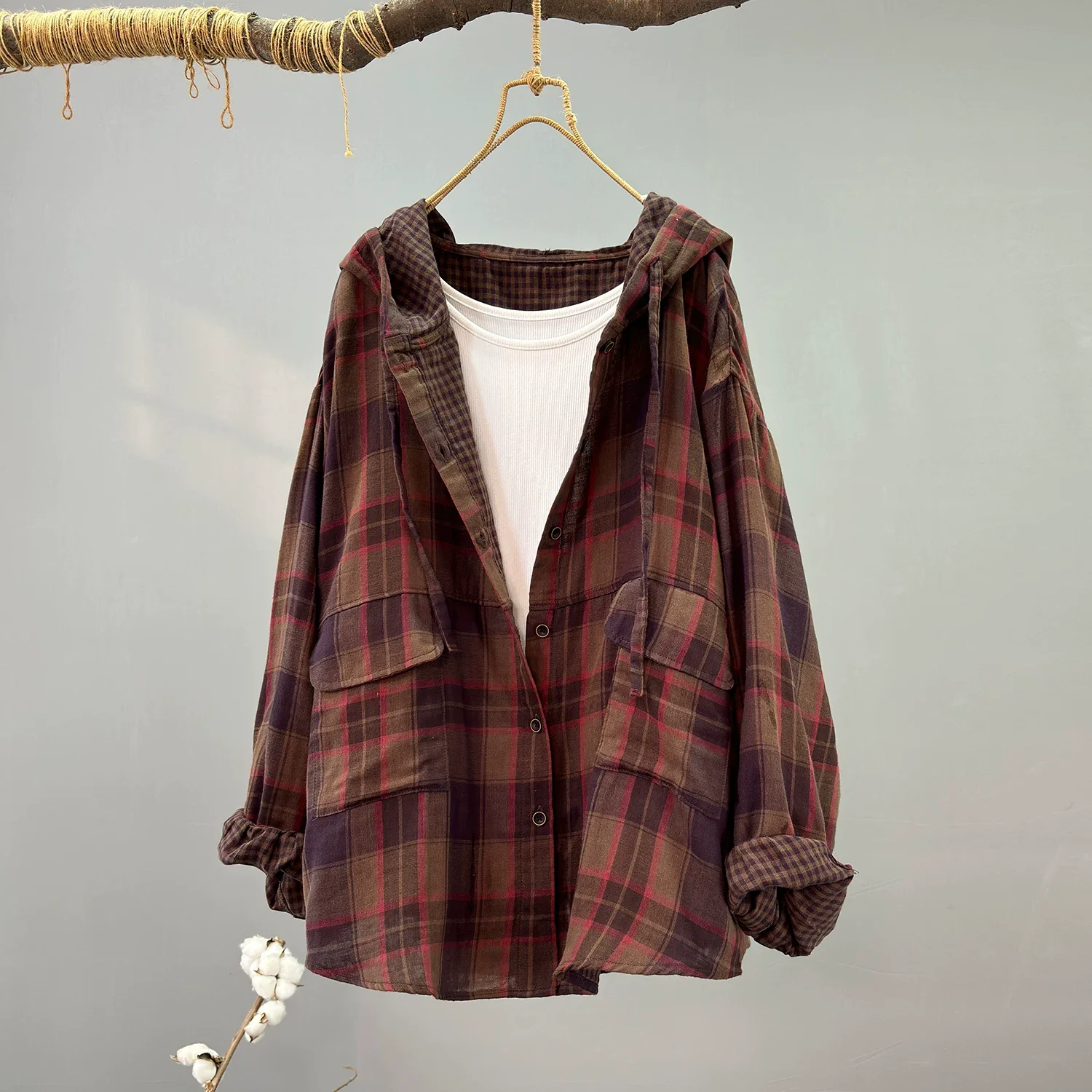 

100% Cotton Yarn Loose Hooded Plaid Shirts for Women Autumn Spring Casual Blouses Females Hoodies Vintage Oversized Tops