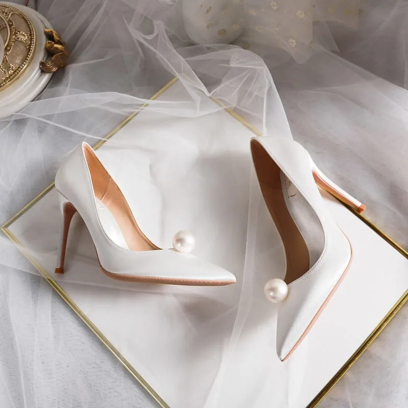 2022 Summer New Elegant Ladies Bridal Wedding Party Shoes Pearl Satin Pumps Fashion Versatile Wedding High Heels Solid Color