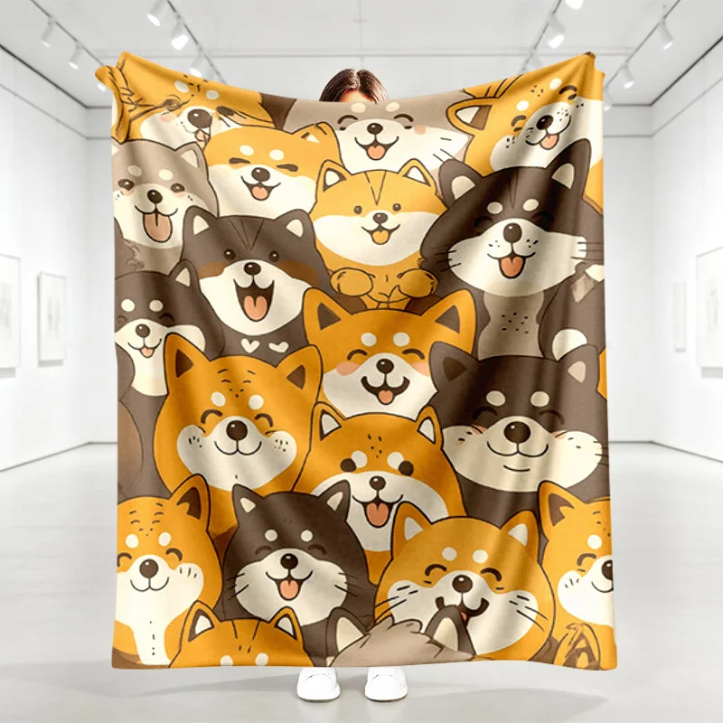 Cartoon Shiba Inu Flannel Blanket Full Print Happy Puppy Faces Lightweight Cozy Throw for Bedroom Office All Season Daily Use