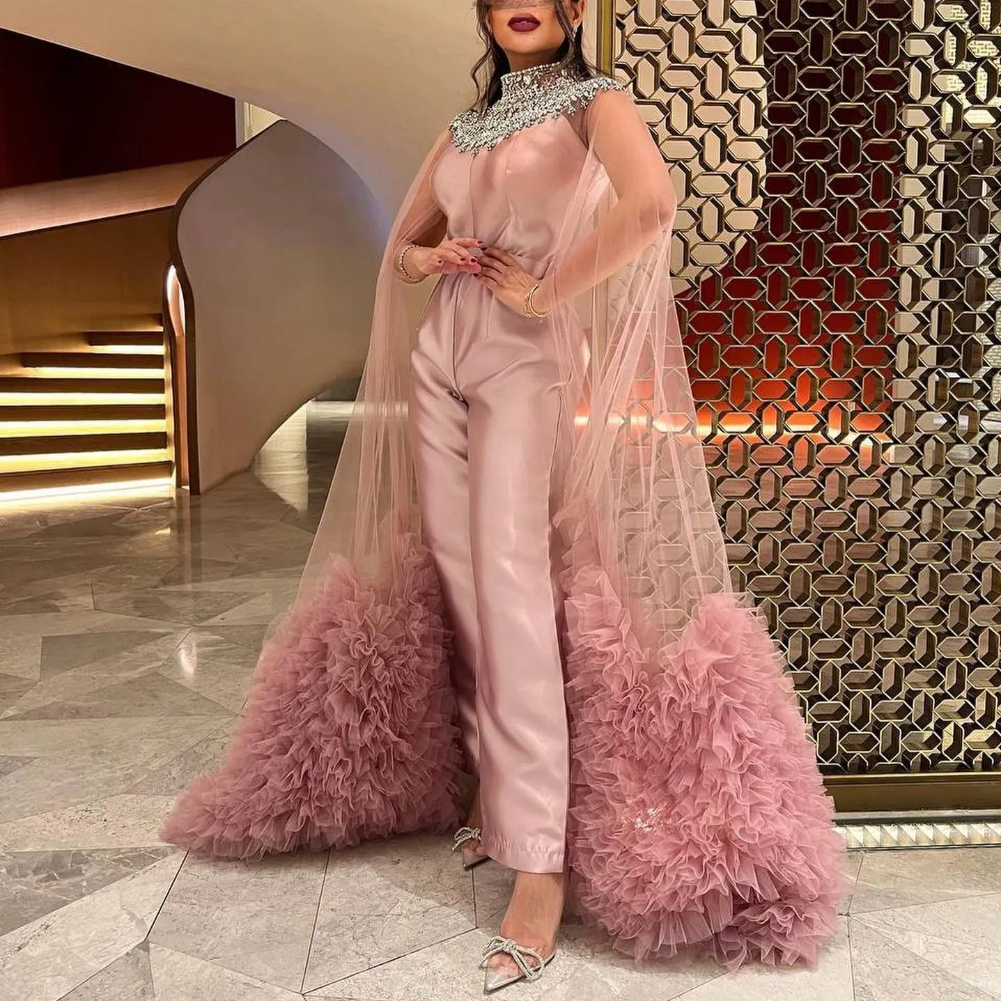 New Stylished Rose Pink Rhinestone Women Long Jumpsuit With See Thru Long Sleeves Ruffles Trimmed Maxi Gowns To Prom Event Party