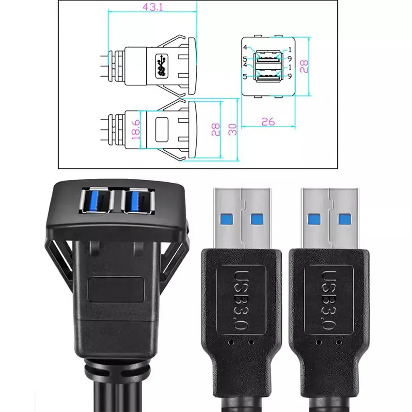 1PCS Flush Mount USB Dock Adapter Dashboard Panel 3.0 Port Male to Female Cable 1M/2M option
