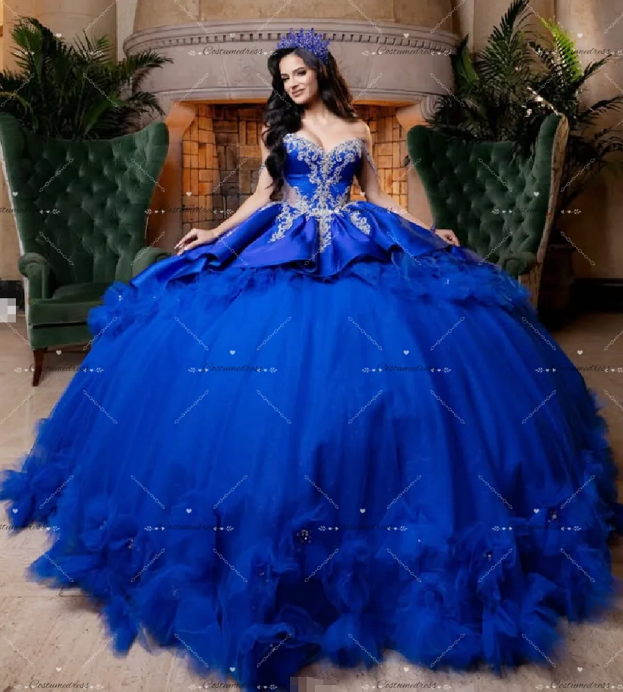 

Великолепное королевское синее платье Vestidos De 15 Quinceañera, платье принцессы с рюшами и золотым кружевом, Vestidos De Xv Sweet 16, дебютантка для дня рождения