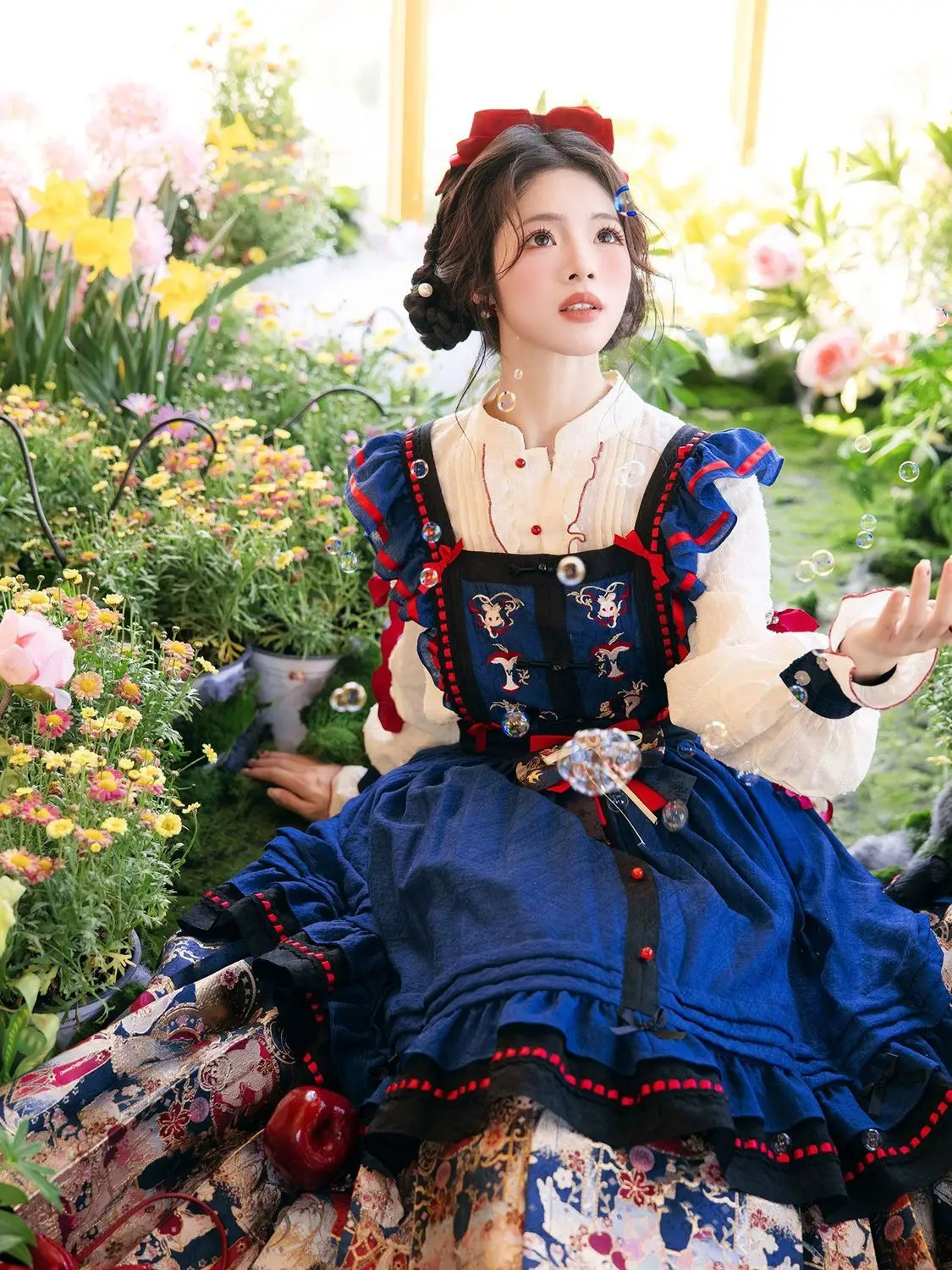 SOIOMES Spring and Autumn Long Sleeved Shirt Lolita New Chinese Style Horse Faced Skirt Half Skirt Short Hanfu Set for Women