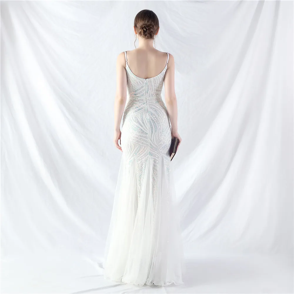 New Product Laminated Bead Stiching Mesh Sling Evening Gown