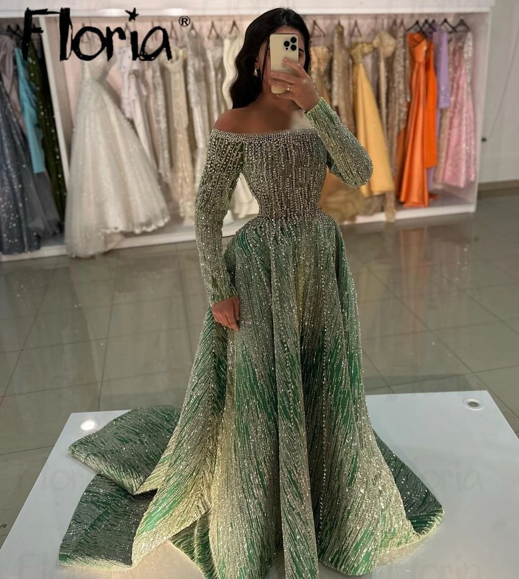 Vestido de fiesta de lujo de línea A, verde pálido, purpurina, cuentas, Dubai, hombros descubiertos, cuello de barco, tren de corte, vestido de