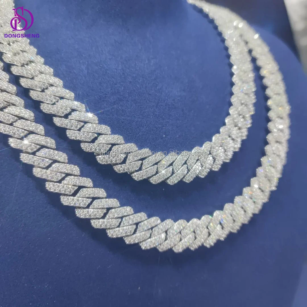 Wholesale Price Popular Pass Diamond Tester 925 Silver 15mm 18mm Two Rows Iced Out Hip Hop Moissanite Diamond Cuban Link Chain