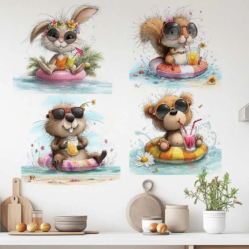 Watercolor Animals Bear Rabbit Mouse Wall Stickers Bedroom Kids Room Background Decoration Mural  Home Decoration Decals S935