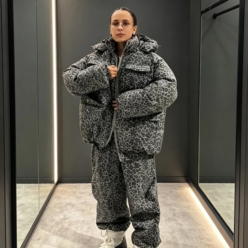 Women Leopard Print Hooded Puffer Tracksuit Loose Fit Puffer Jacket Jogger Pants Outfit Winter Casual Street Ladies 2 Piece Set