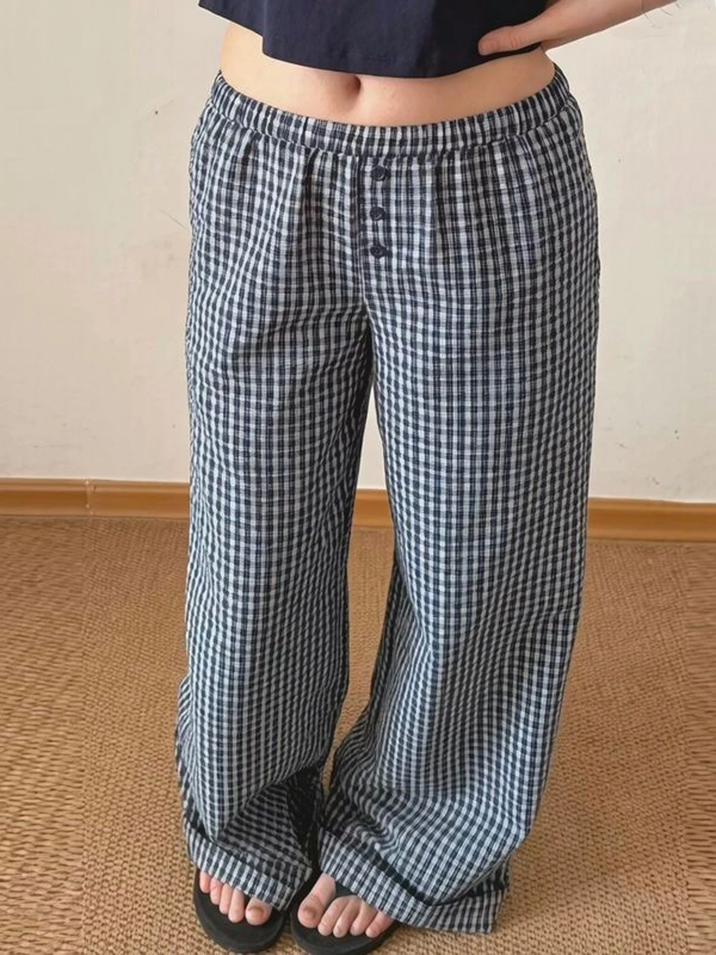 American Style Low Waist Button Straight Leg Pants Women's Casual Checkered Loose Walking Trousers Autumn New Arrival