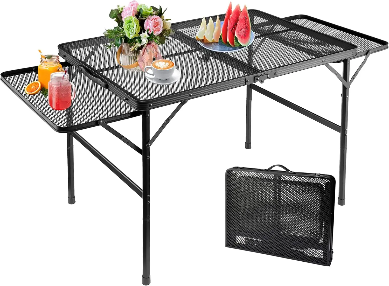 

Folding Camping Table with 2 Side Shelves, Portable Low Profile Design - Lightweight, Quick Setup for Beach, Picnic, Backyard