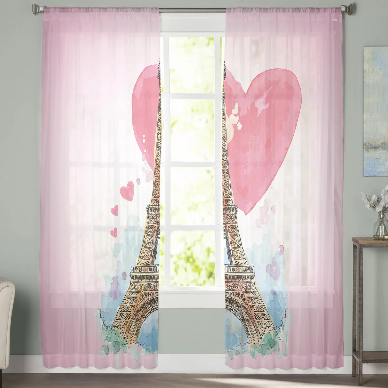 Hand Painted Love for The Paris Tower Tulle Curtains for Bedroom Home Decor Living Room Kitchen Voile Curtains for Blind Drapes