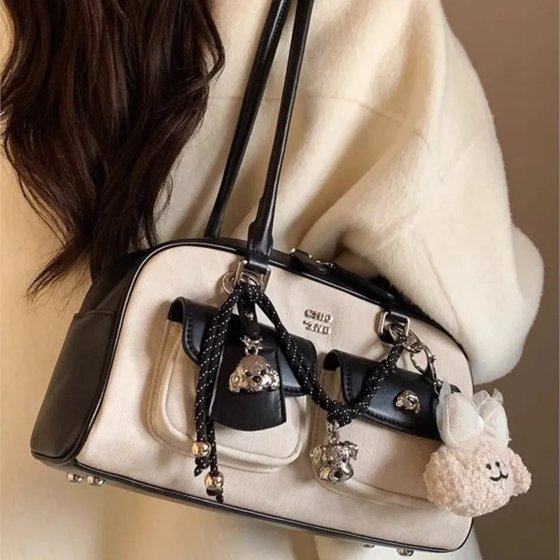 

High Street Leather Patchwork Chic Shoulder Bags Wallet Women Harajuku Aesthetic Handbag 2025 Vintage Pocket Bowling Bag Women