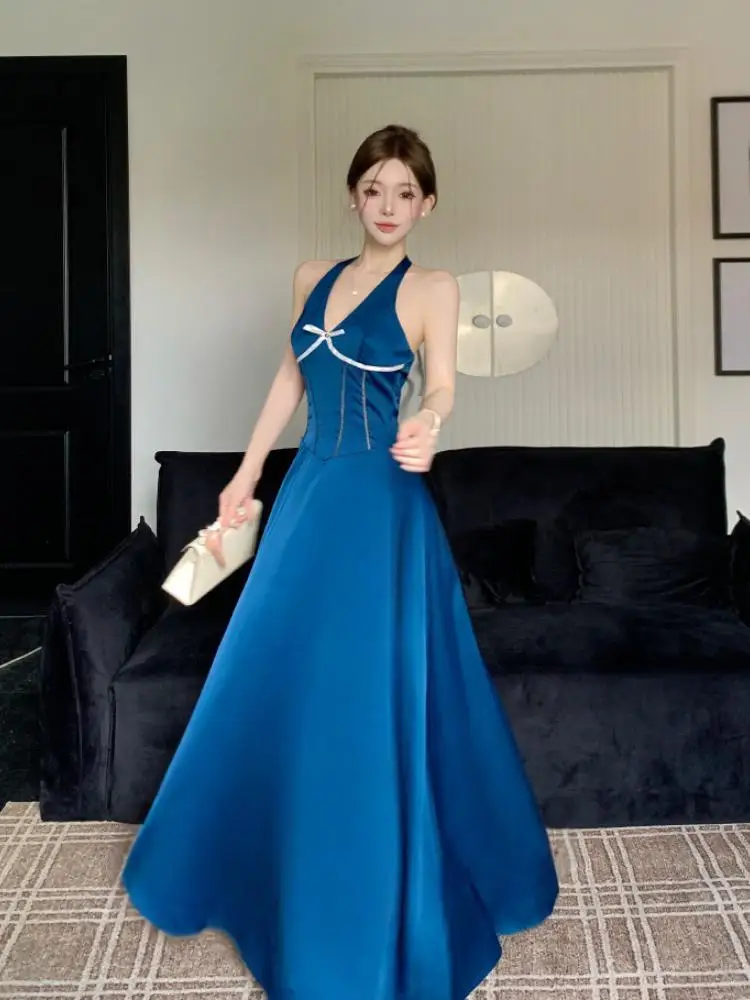

French Summer Blue Patchwork Temperment Sexy Off Shoulder Party Long Dress Women Sleeveless Backless Pleated V Neck Halter Dress