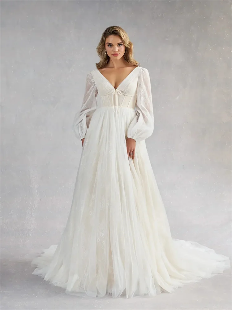 

Hot Selling Long Sleeves V-Neck A-Line Lace Wedding Dress Elegant Open Back Lace Up Floor Length Chapel Train Gowns For Bride