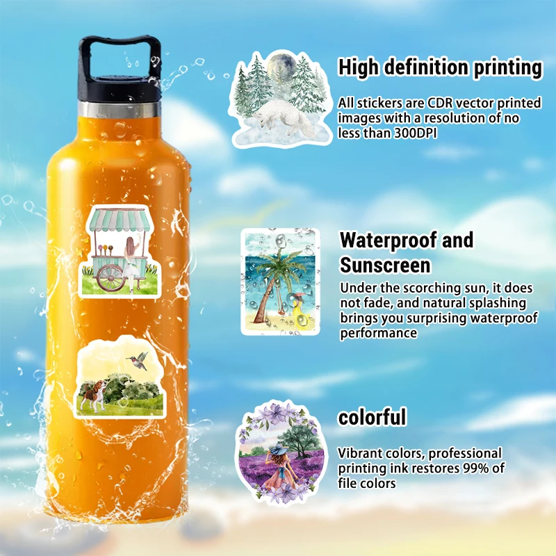 50PCS Summer Beach Watercolor Stickers Aesthetics Vinyl Decals Waterproof for Laptop Water Bottle Scrapbook