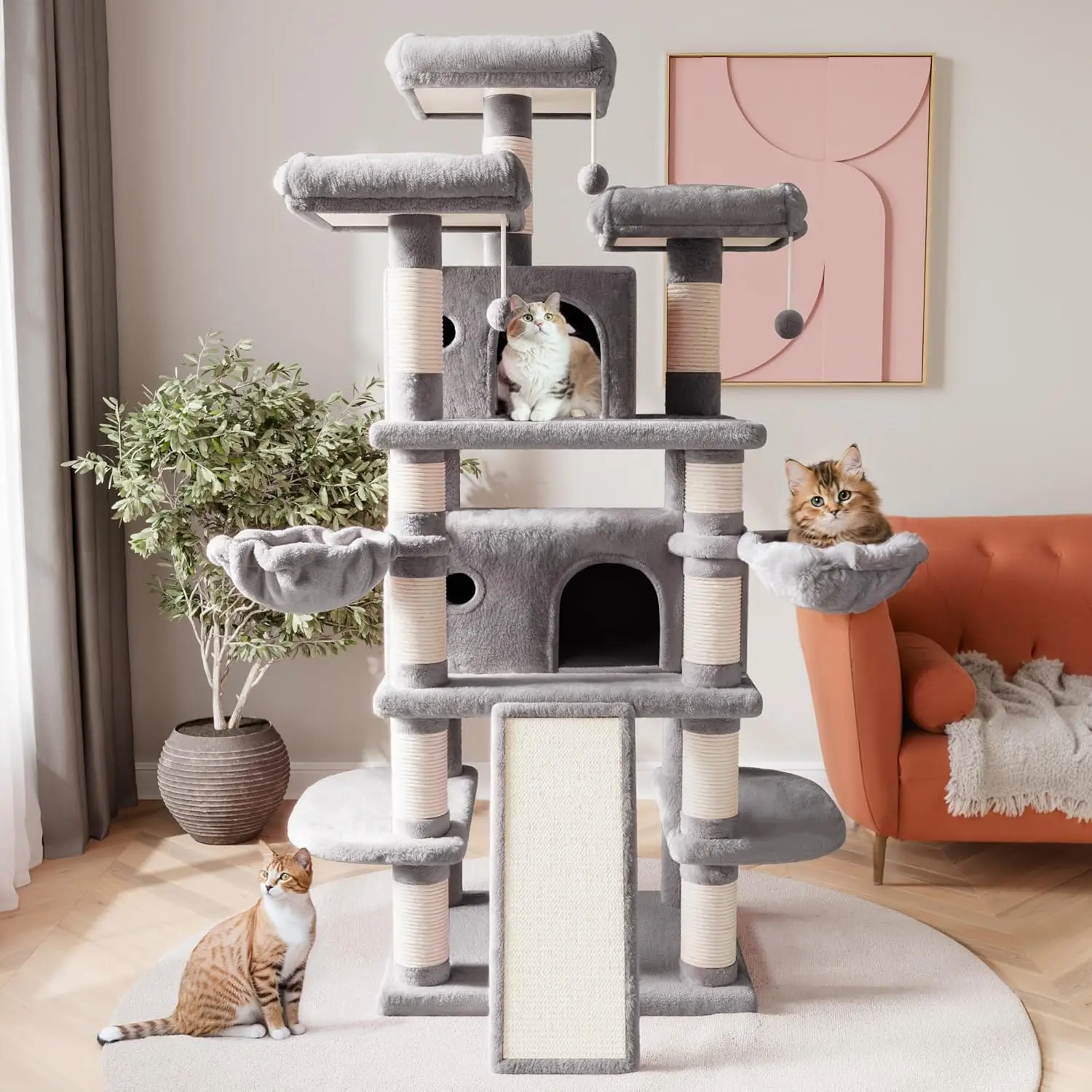 Árvore grande de vários níveis de 68 polegadas para gatos grandes/torre grande com condomínios de pelúcia aconchegantes/poste para arranhar sal