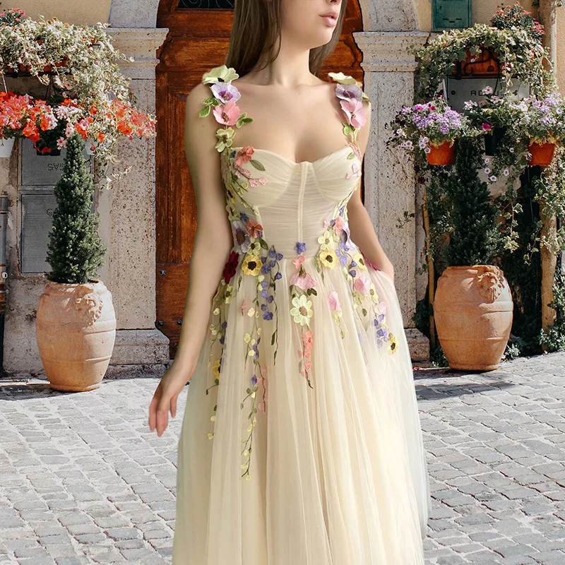 

2024 Elegant Appliques Prom Dress Spring Mesh Quinceanera Gowns for Women Sweet Summer 3D Flower Party Dresses Vestidos