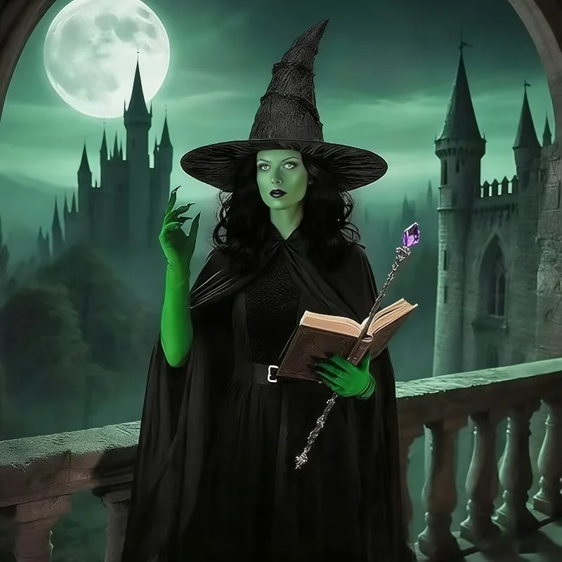 3pcs Halloween Witch Costume Set Black Witch Hat Glasses Gloves Cape Evil Movie Character Outfit