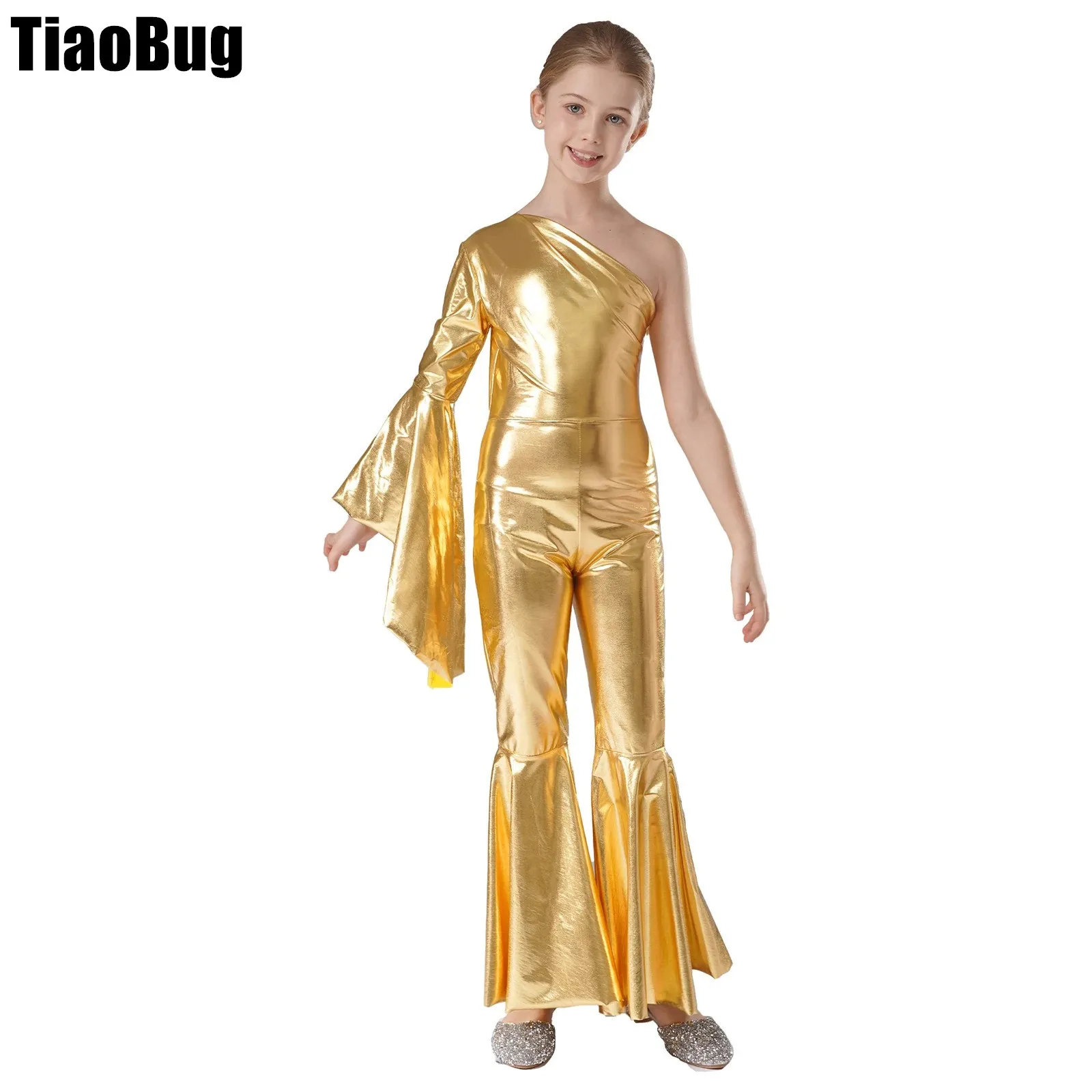 Kinder Mädchen Metallic Tanz Overall glänzende Glocke unten eine Schulter Flare Ärmel Bodysuit Karneval Thema Party Performance Kostüm