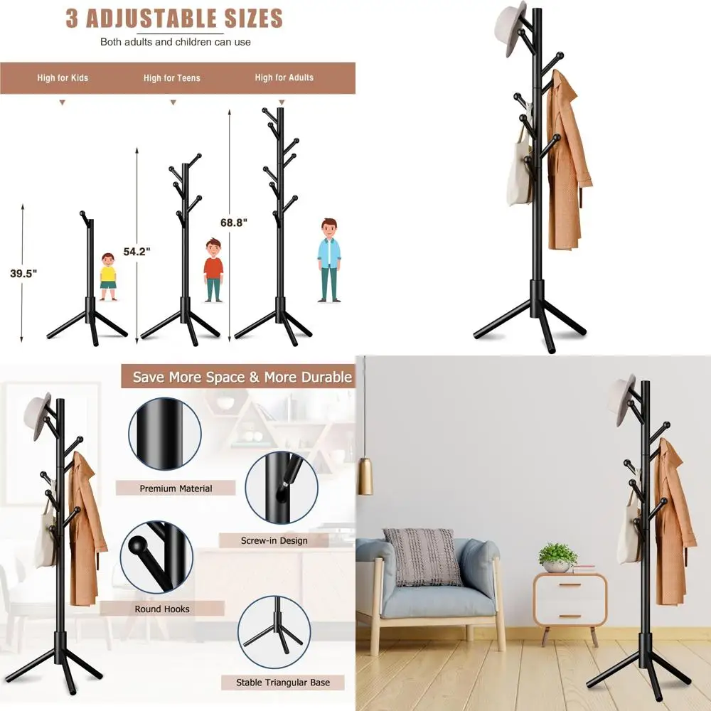 

Напольная вешалка для одежды с 8 крючками и регулируемой высотой для одежды, головных уборов и сумок — подходит для прихожей, спальни, коридора