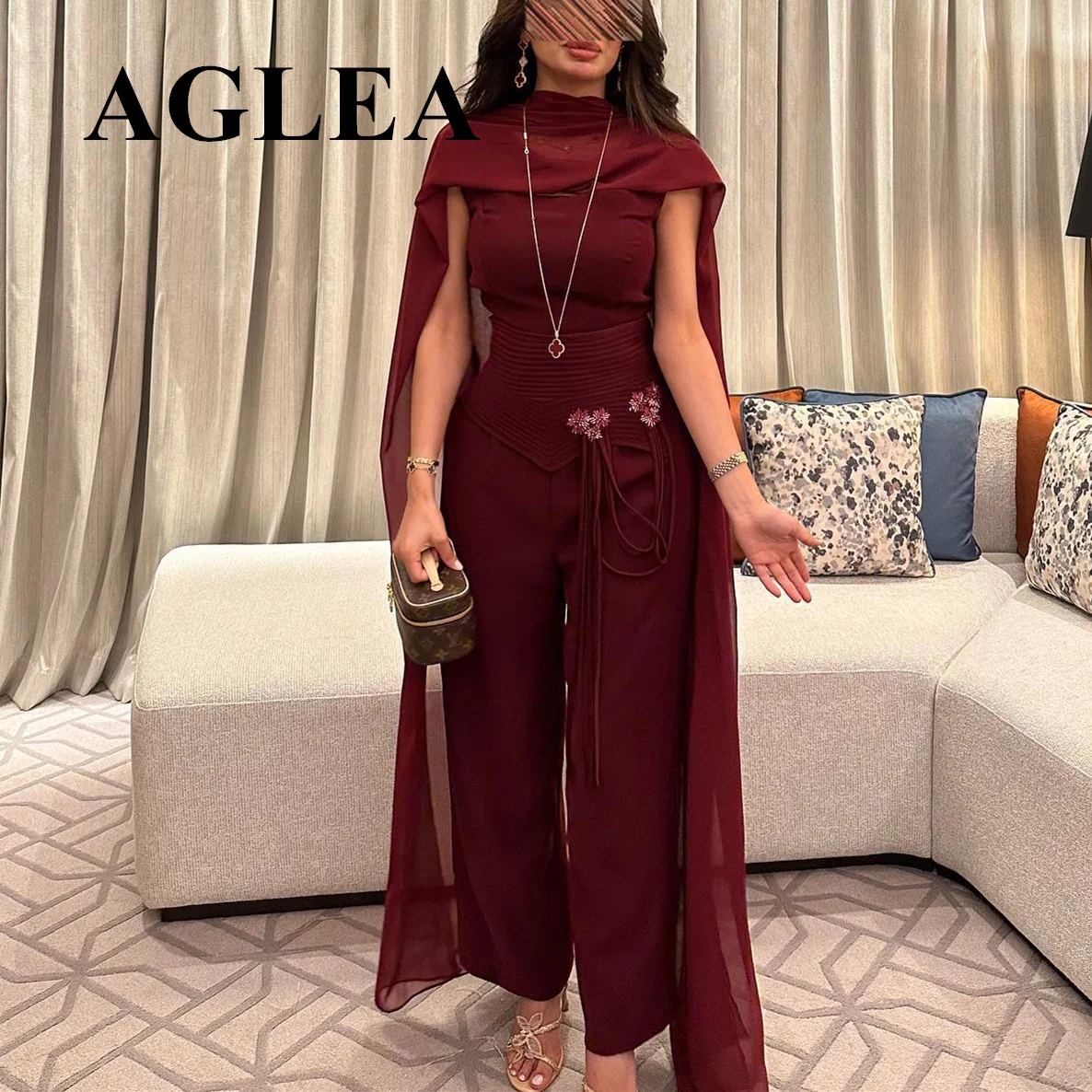 AGLEA 2024 Chiffon wine red Prom Evening Dresses Formal Elegant Party for Women Trouser Dress Flower Groom Mother Wedding Dress