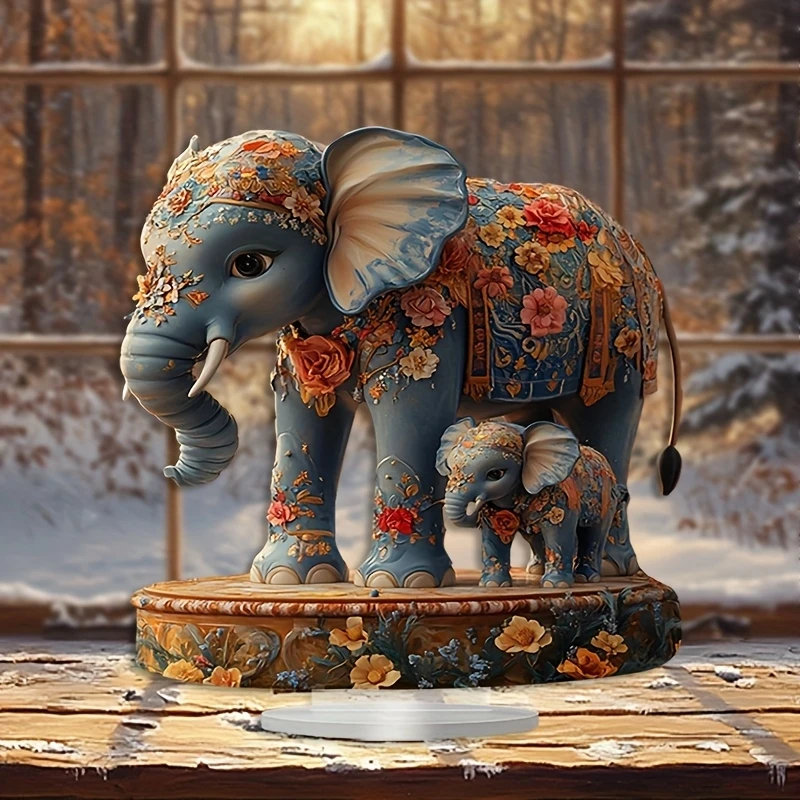 1PCS Bohemian Style Cartoon Elephant Acrylic Figurine Blessing Lucky Elephant Figurine Colorful Flat-printed Gift Decoration