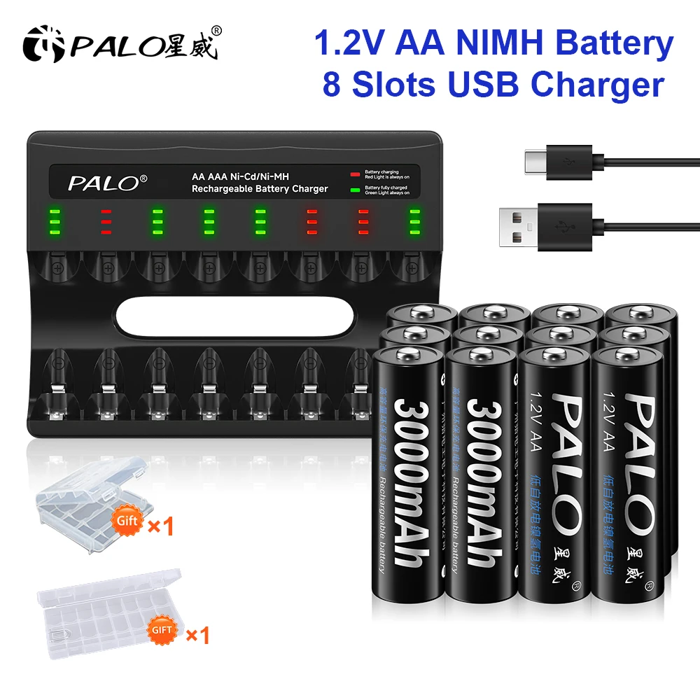 PALO 1.2V NIMH AA Battery 3000mAh AA NI-MH Rechargeable Battery 2A AA Cell for Mouse Keyboard KTV Microphone With AA AAA Charger