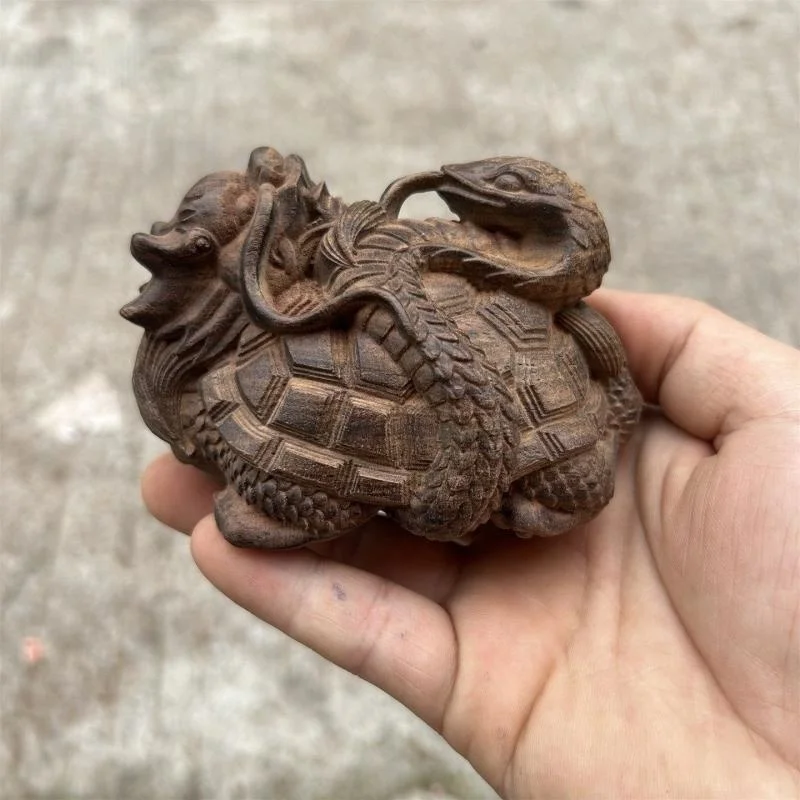 Natural Agarwood Carved Xuanwu Statue Snake Turtle Wood Sculpture Oriental Mythical Statue Home Desktop Decor Craft Ornament