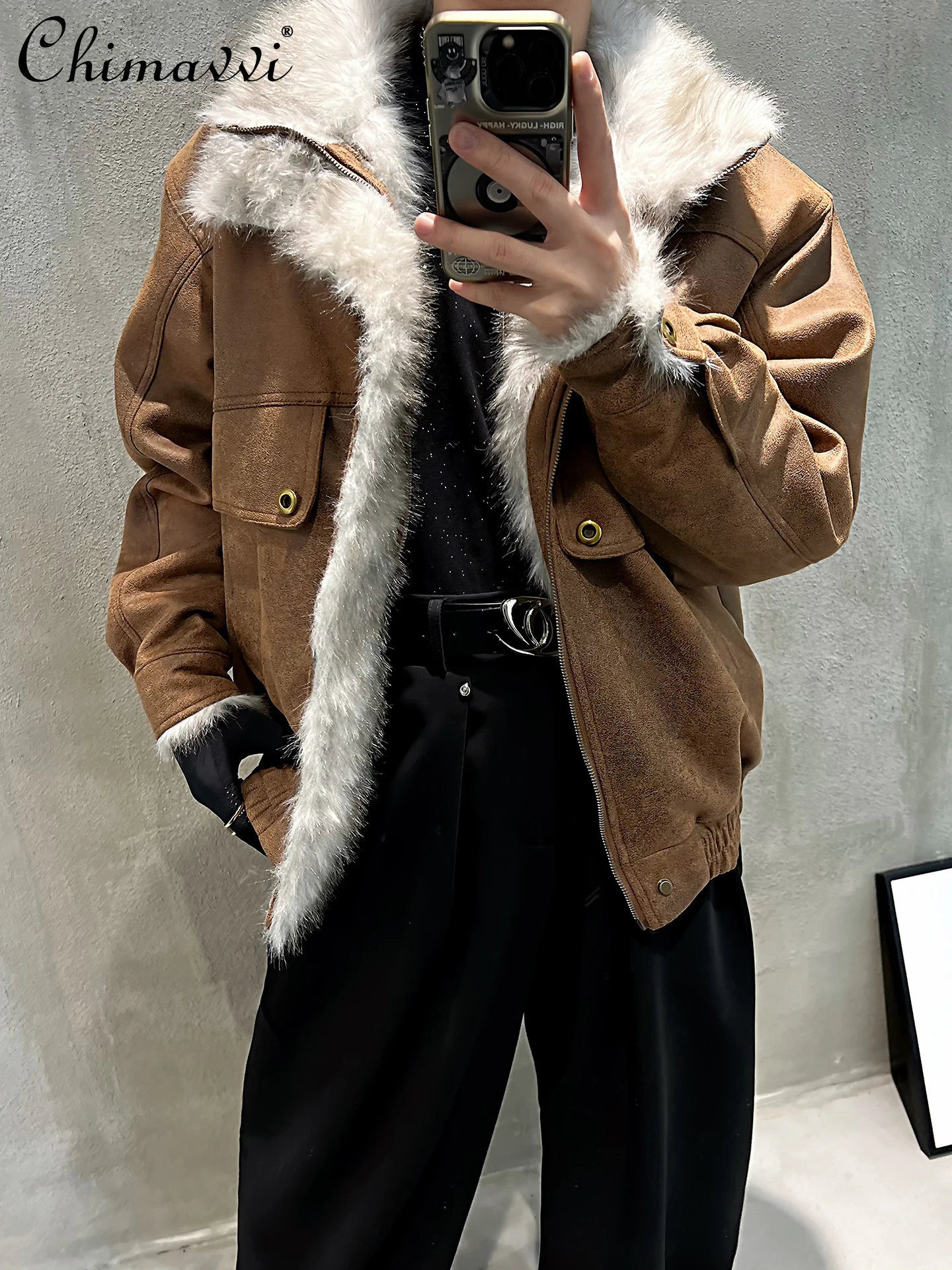 

Winter American Retro Thick Padded Suede Jacket with Fur Collar Men Fashion Loose Long Sleeve Motorcycle Jacket Cotton Coat