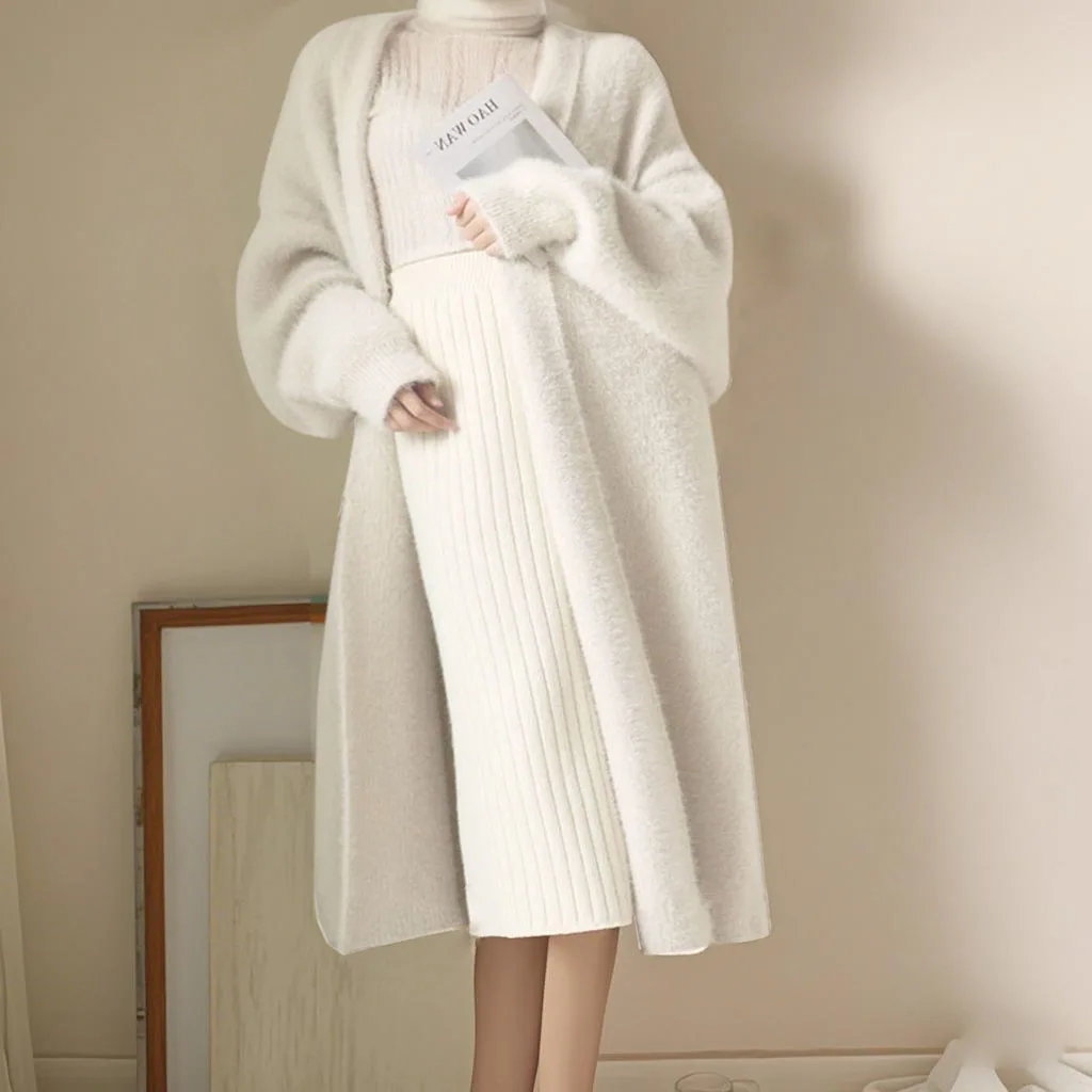 

white Long Cardigan for women winter clothes Knitted fluffy long sleeve Cashmere sweater coat clotkorean style warm vintage