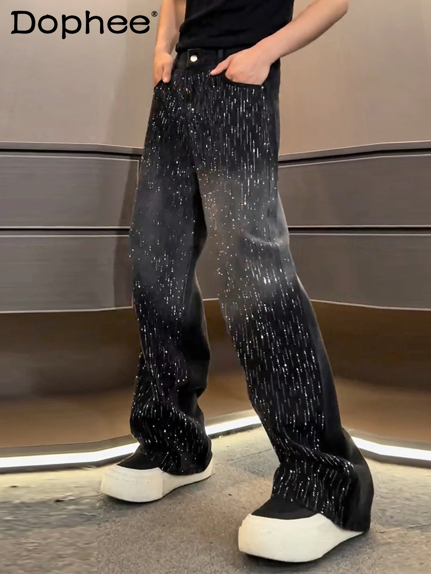 

American High Street Fashion Heavy Rhinestone Jeans Youth Trendy Handsome Boy Loose Casual Straight Pants