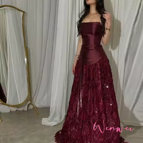 E.C.S. Customized Prom Dress A-Line Burgundy Strapless Evening Dress Crystal Sequins Wedding Dresses Elegant Beadings Sleeveless