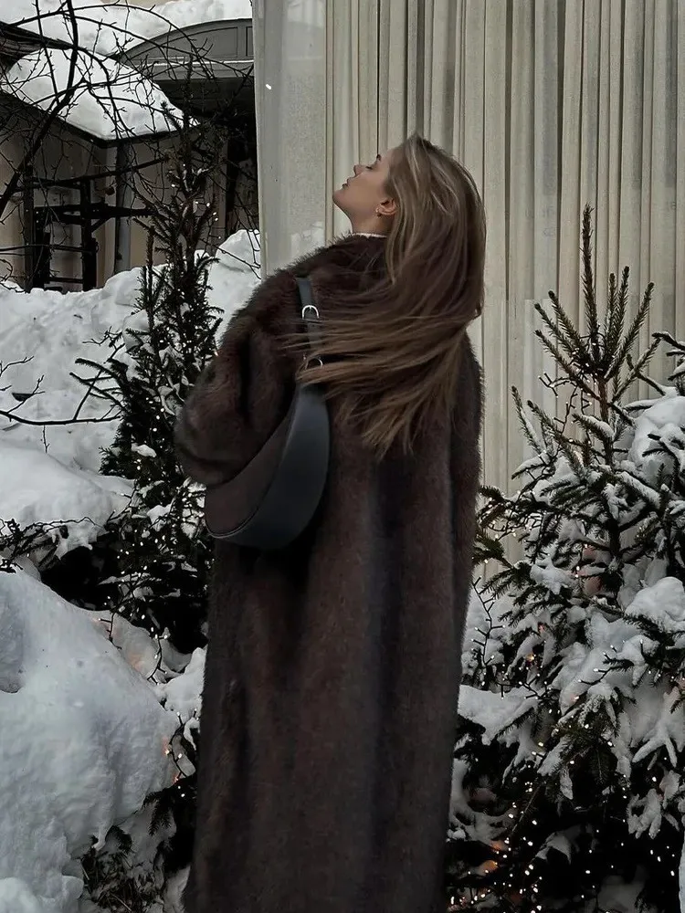 Thiened Extended Ankle Length  Fur Coat Browni ey Color Blo Women's Outerwear Winter Season European Sle Loose Fit
