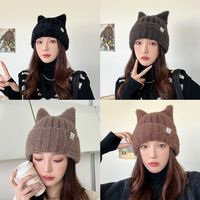 Cute Plush Knitted Wool Cap Elastic Thickened Winter Hat Keep Warm Windproof Cat Ear Beanie Hats Outdoor