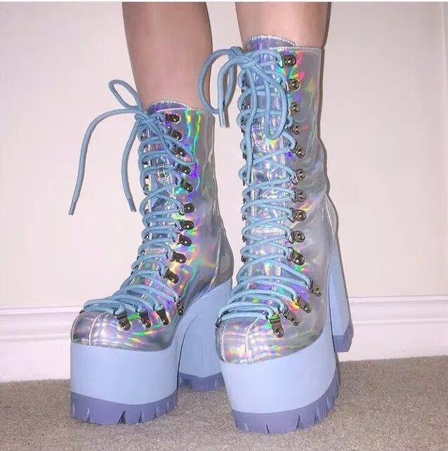 Laser Round Toe Mid-calf Platform Women Boots Chunky High Heels Lace Up Design Large Size Fashion Lady Customized Shoes