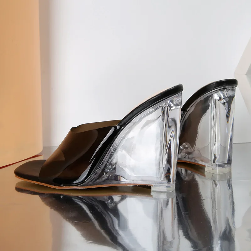 High Heels Big Size Ladies Slides Summer Crystal Sandals 2022 Wedges Slippers Heels Fashion Transparent Shoes for Women Pumps