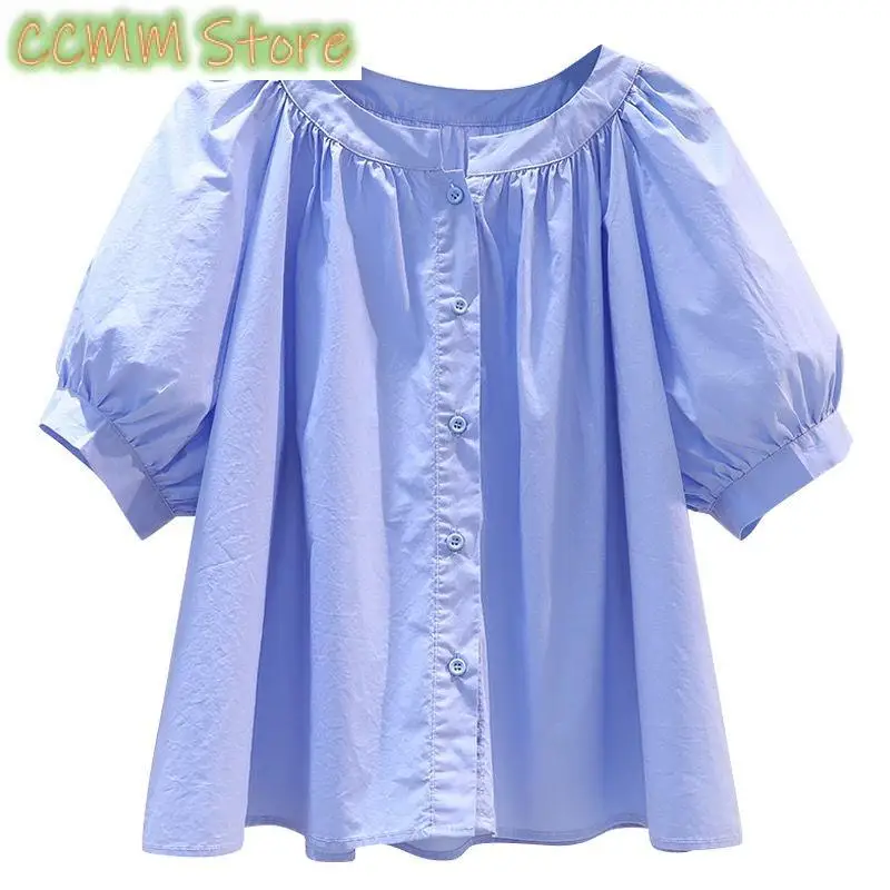 

Модные однотонные рубашки с круглым вырезом на пуговицах и рукавами-фонариками, женская одежда, новые летние свободные корейские топы, повседневные блузки