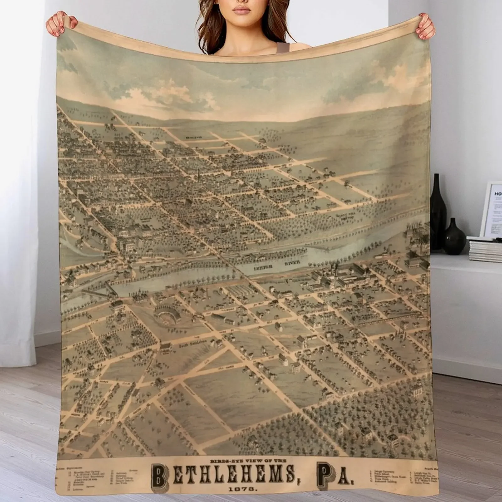 Vintage Pictorial Map of Bethlehem PA (1878) Throw Blanket Summer Cool Breathable Blanket for Sleeping